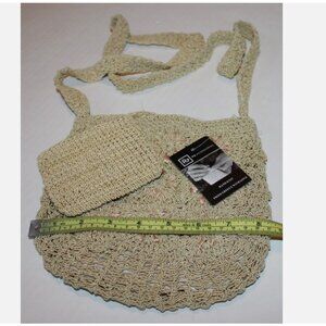 Tan Hand Knit All Cotton Handbag Small Pocketbook & Coin Purse Made in Greece